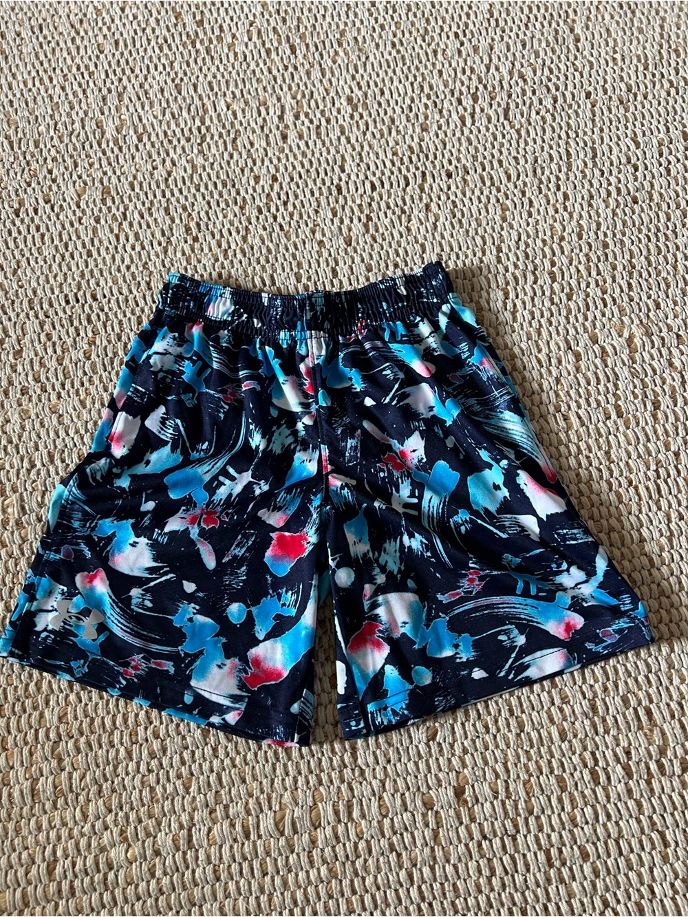 Under Armour Boys Navy Splash Print Athletic Shorts with Blue & Pink Accents